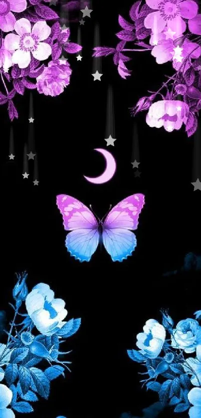 Butterfly under a crescent moon with purple and blue flowers.