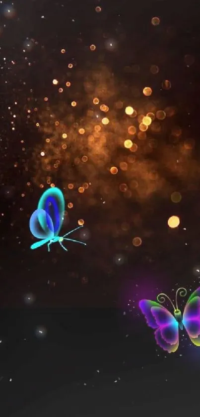 Vibrant butterflies glowing in the night on a dark, starry background.