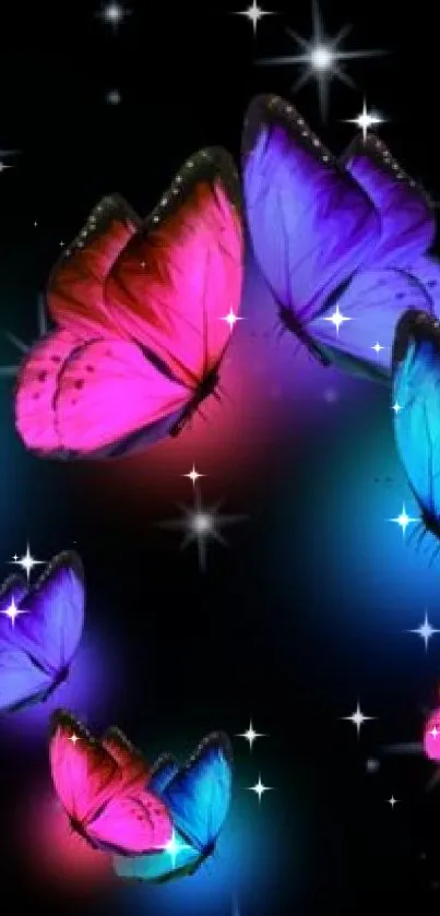 Colorful butterflies with stars on a black background wallpaper.