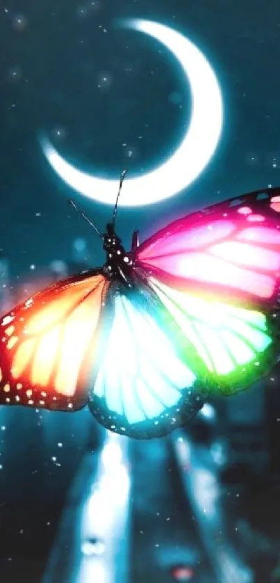 Colorful butterfly with crescent moon backdrop.