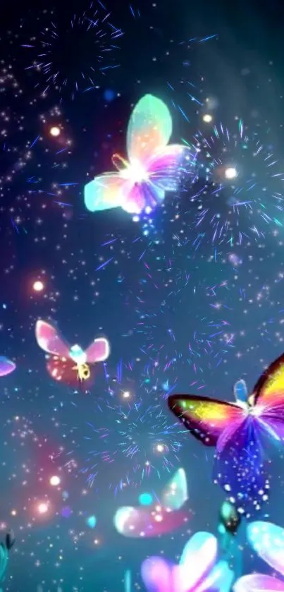 Vibrant butterflies flutter in a starry night sky, creating a magical mobile wallpaper.