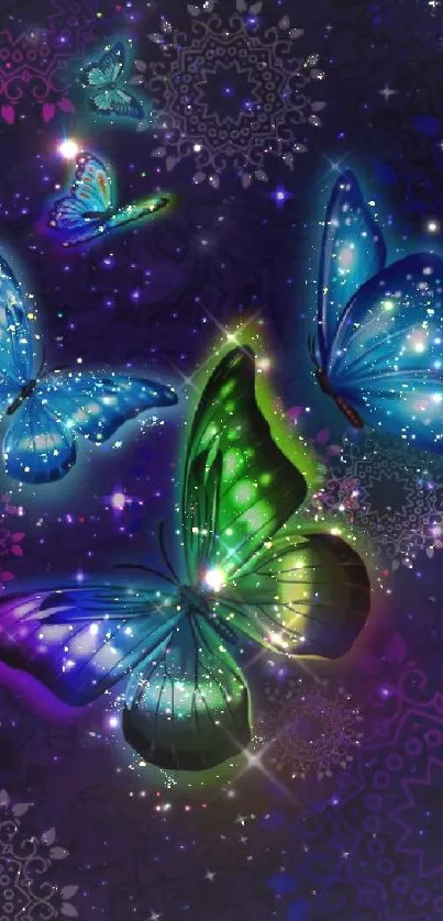 Vibrant butterflies gracefully flutter under a starry night sky in this enchanting wallpaper.