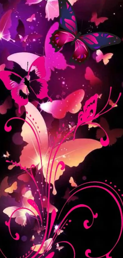 Vibrant butterfly and floral night wallpaper with magenta hues.