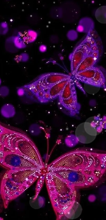 Purple and pink butterflies glowing on a dark background.