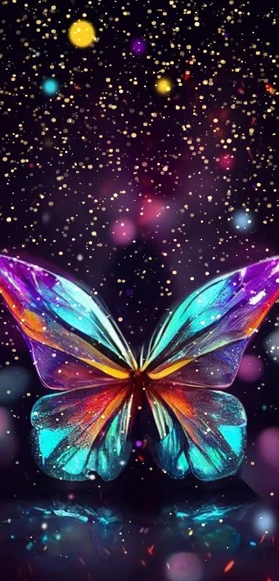 Vibrant butterfly on a sparkling night sky background with colorful lights.