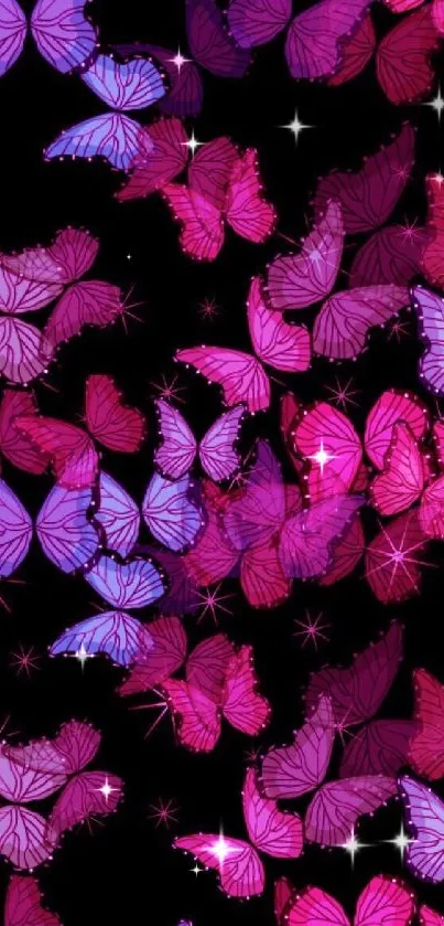 Vibrant butterflies in purple and pink hues on a black mobile wallpaper.