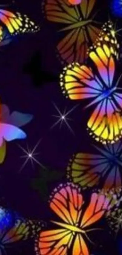 Colorful butterflies on a dark night background with glowing stars.