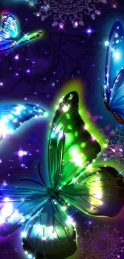 Glowing butterflies in a vibrant night scene wallpaper.