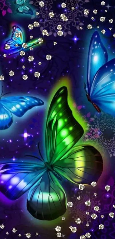 Vibrant butterfly night scene with gems.