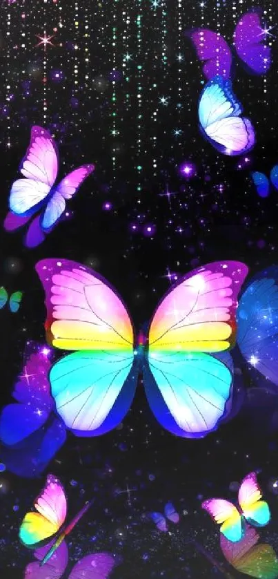 Colorful butterflies on a sparkling dark background.