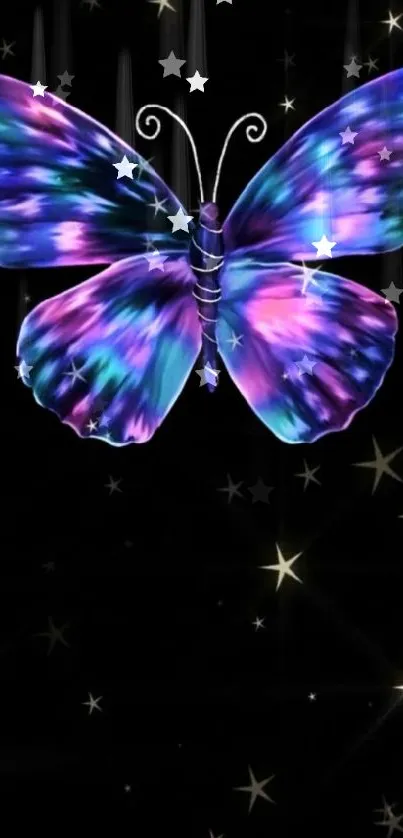 Butterfly with purple and blue wings on starry background.