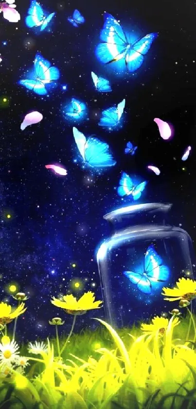 Vibrant blue butterflies on night sky wallpaper with flowers.