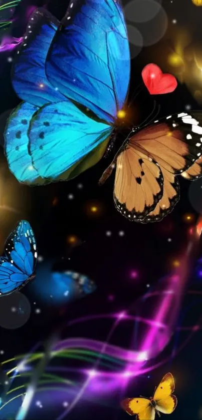 A vibrant butterfly wallpaper with colorful butterflies on a dark background.