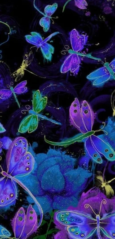 Vibrant butterflies on a dark background with purple and blue tones.