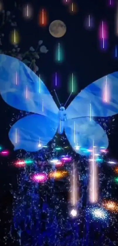 Glowing blue butterfly with colorful night lights.