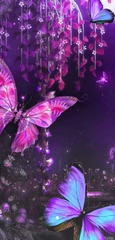 Vibrant purple nightscape with colorful butterflies and glowing foliage.