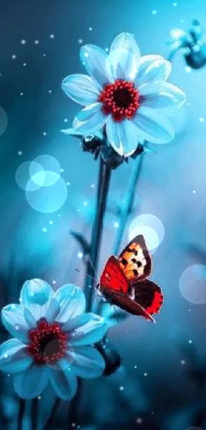 Wallpaper of a butterfly on white flowers with a blue background.