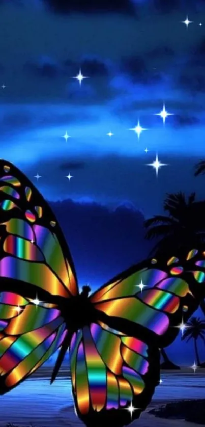 Vibrant butterfly with colorful wings in a tropical night setting.