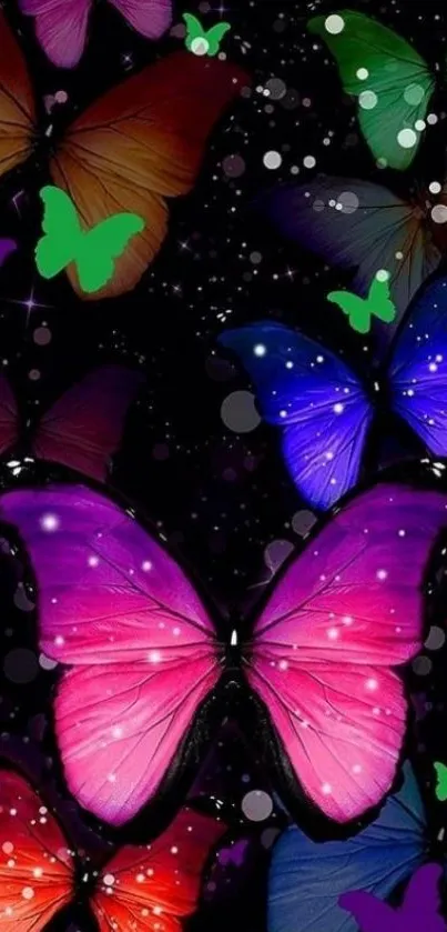 Colorful butterflies against a starry black background.