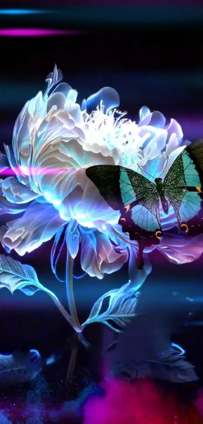 Blue butterfly on luminous flower wallpaper.