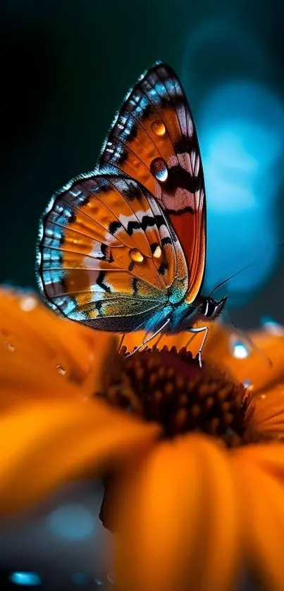 Vibrant butterfly on an orange flower with dewdrops.