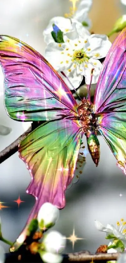 Vibrant butterfly with colorful wings on cherry blossoms.