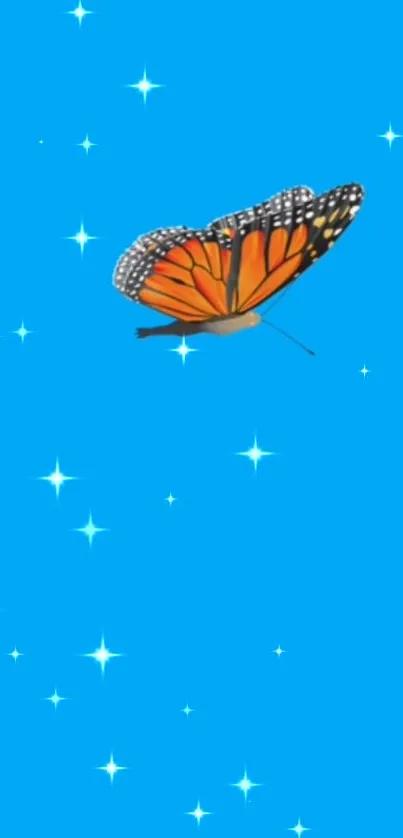 Monarch butterfly on blue background with stars.