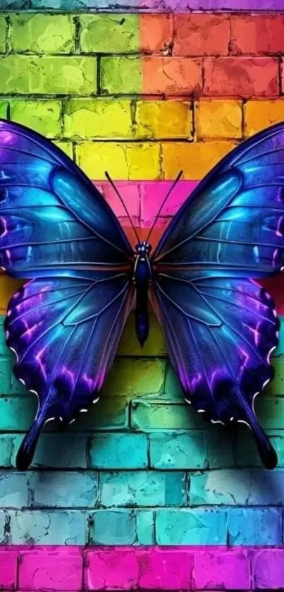Vibrant butterfly on colorful brick wall wallpaper.
