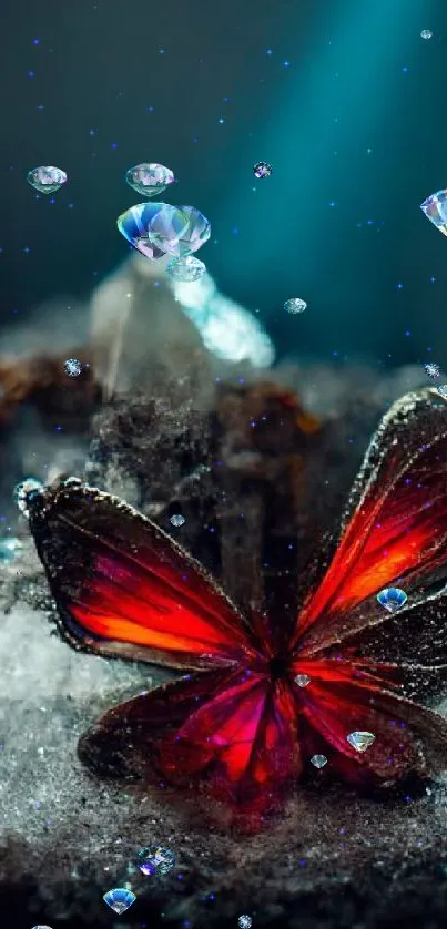 Vibrant red butterfly on crystals in dark background.