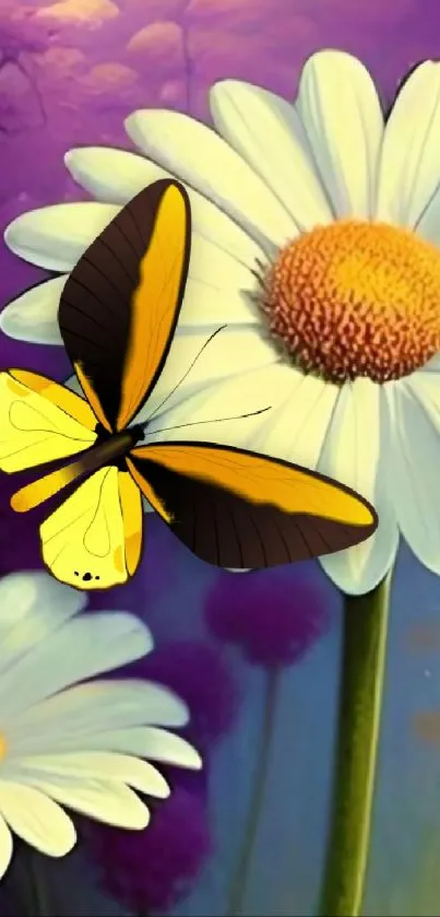 Colorful butterfly resting on daisies with a purple background.