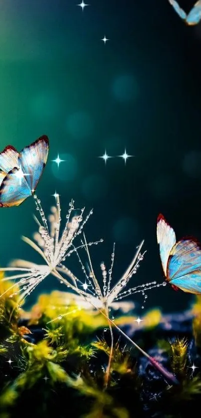 Vibrant butterflies on a dandelion with a teal background.