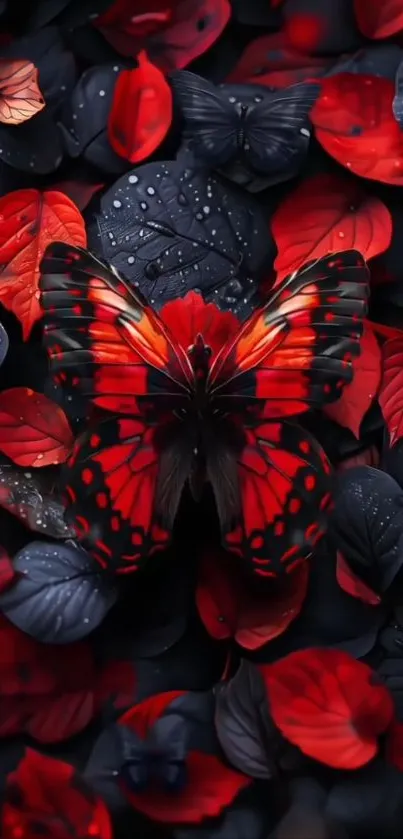 Red butterfly on dark leaves with vibrant contrast.