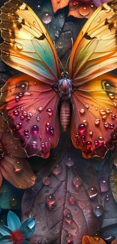 Vibrant butterfly resting on dewy, colorful leaves, showcasing detailed textures.