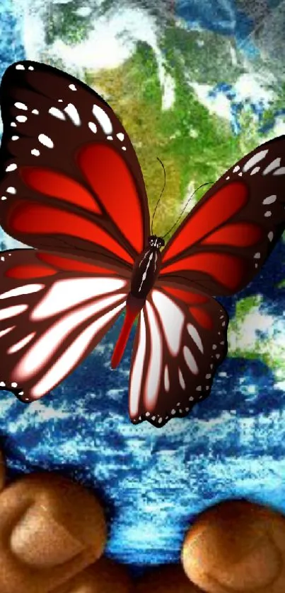 Red butterfly on Earth's swirl wallpaper.