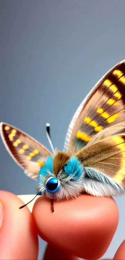 Vibrant butterfly perched on two fingers with a grayish blue background.