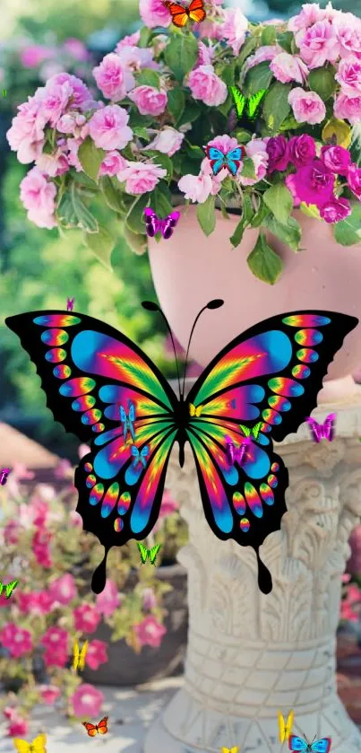 Vibrant butterfly on a floral background with colorful flowers.