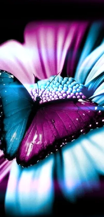 Vibrant magenta butterfly on a flower with teal and pink hues.