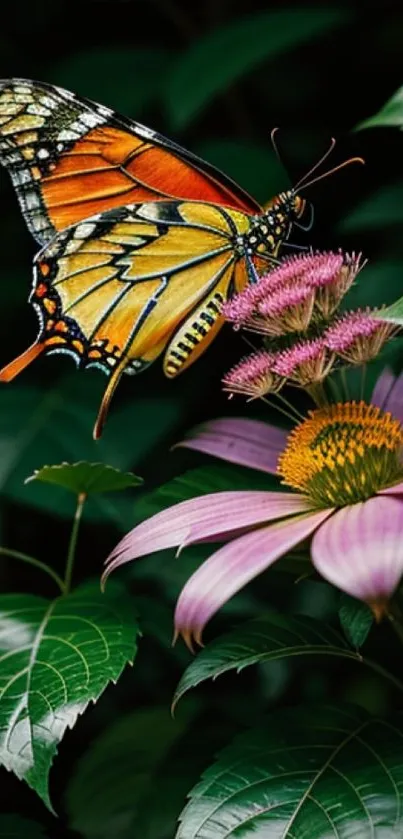 Vibrant butterfly perched on a colorful flower amidst lush green leaves.