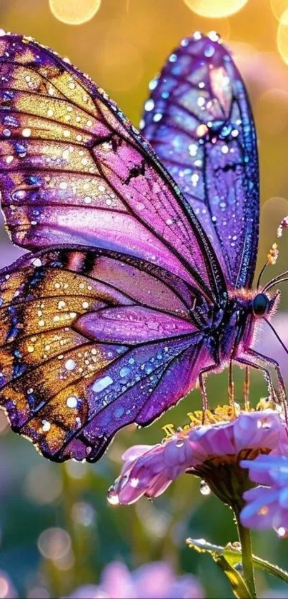 Vibrant purple butterfly on a flower with dewdrops
