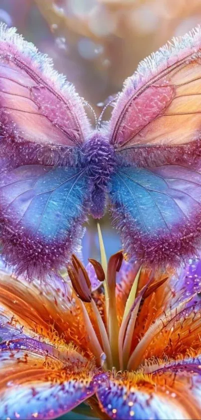 Vibrant purple butterfly atop a colorful flower.