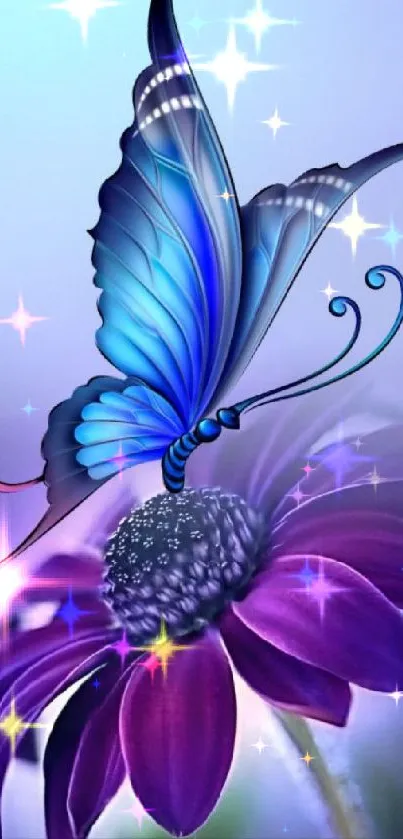 Blue butterfly rests on purple flower in serene mobile wallpaper.