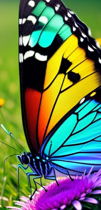 A vibrant butterfly on a colorful flower, set against a lush green background.