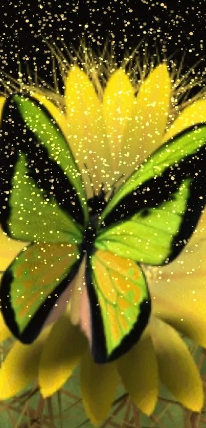 Vibrant green butterfly on a yellow flower background.