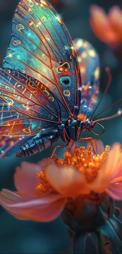 Blue butterfly on an orange flower, vibrant smartphone wallpaper.