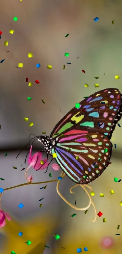 Vibrant butterfly with colorful wings perched on a pink flower.