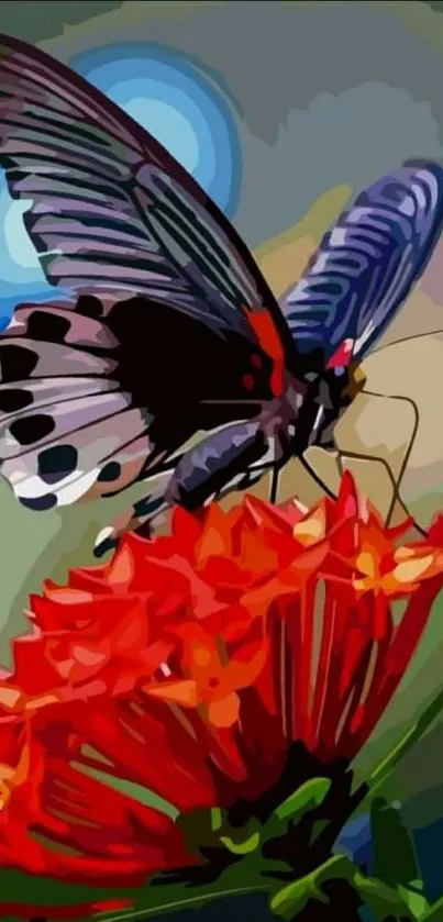 Vivid artwork of butterfly on a red flower.