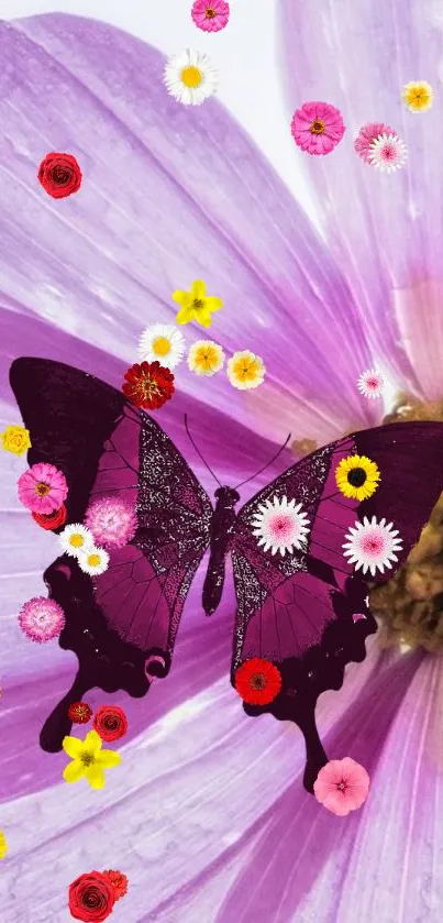 Purple flower wallpaper with vibrant butterfly and colorful blossoms.