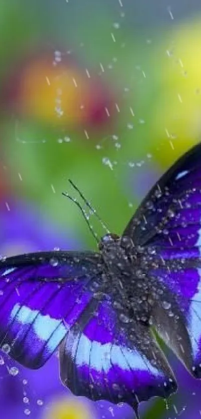 Vibrant blue butterfly with purple flowers background.