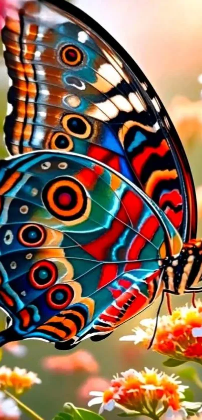 Colorful butterfly perched on vibrant flowers in nature.