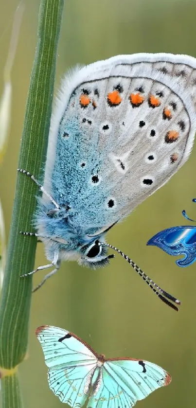 Vibrant blue butterfly on green grass.